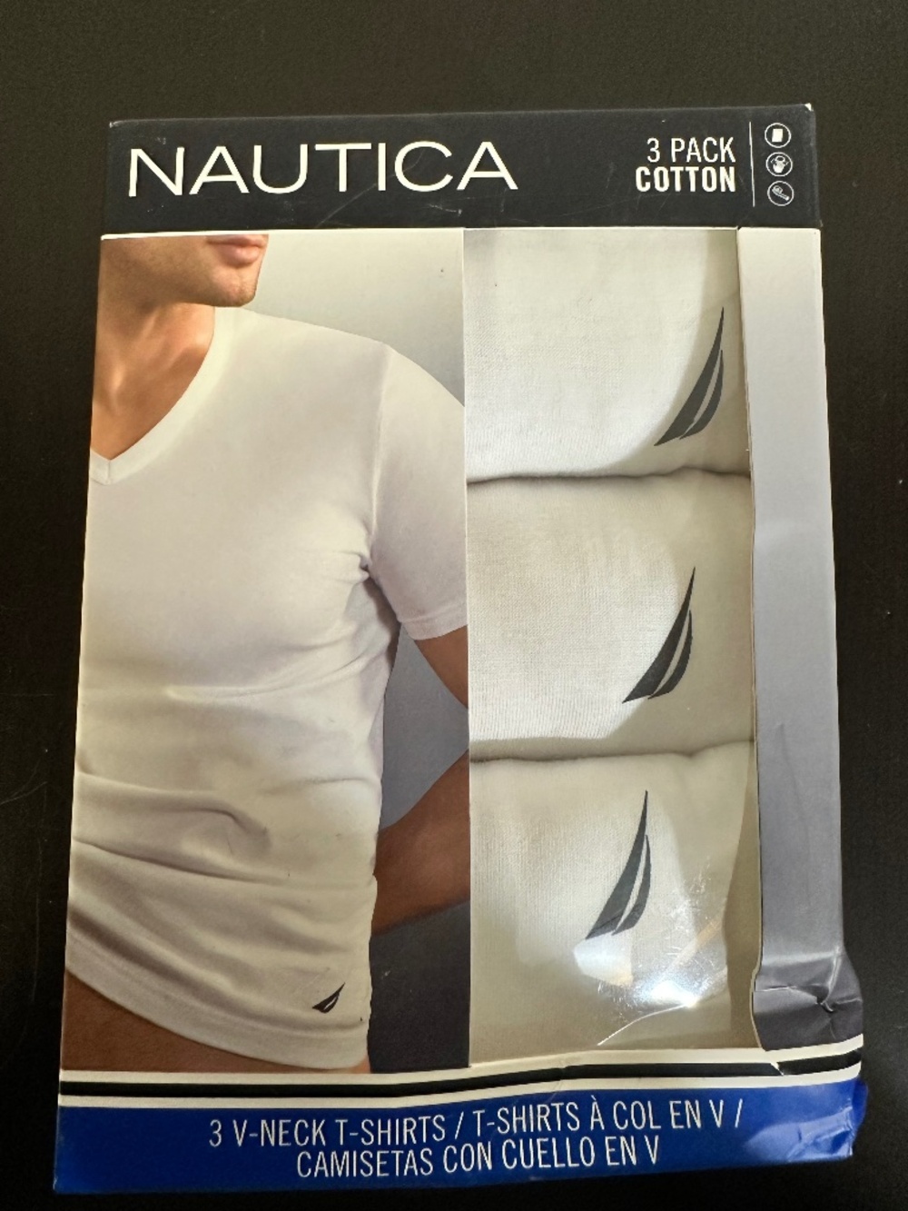 This is a Nautica Men's 3-pack of white cotton v-neck t-shirts.